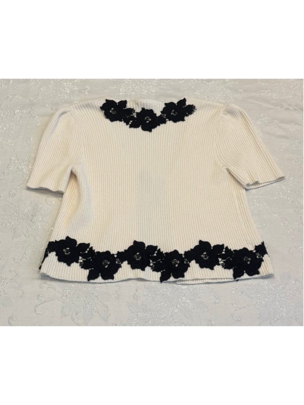 Derek Lam 10 Crosby Maes Lace Trim Ribbed Cardigan Blanc de Blanc Black Small NW - Picture 6 of 7